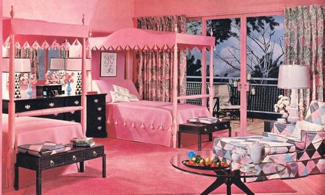 theniftyfifties:  1950s pink bedroom design. 1950s Bedroom Decor, 50s Bedroom Decor, Modern Bedroom Suite, 1950s Bedroom, Retro Rooms, Pink Bedroom Design, 1950s Decor, Black Mid Century Modern, Mid Century Bedroom