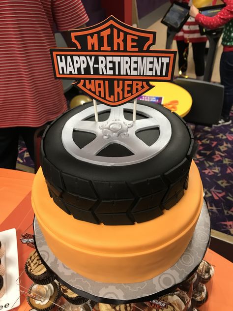 Harley Davidson Cake, retirement party cake, cricut paper cake topper, Harley Davidson cake topper, motorcycle tire cake Motorcycle Birthday Cakes, Retirement Party Cakes, Paper Cake Topper, Tire Cake, Harley Davidson Cake, Harley Davidson Birthday, Biker Party, Motorcycle Birthday, Cupcake Inspiration