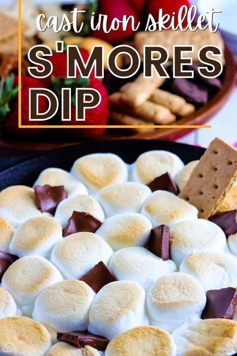 closeup view of s'mores dip in a skillet garnished with chocolate pieces and graham cracker pieces with text overlay. Sweet Corn Salad Recipe, Make Smores, Build A Campfire, Easy Dessert Dips, Baked Smores, Dessert Dip Recipes, Smores Dip, Dessert Dip, Winter Dessert Recipes