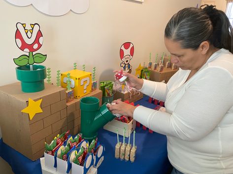 Mario Candy Table, Mario Dessert Table, Super Mario 5th Birthday, Mario Party Food, Super Mario Party Food, Mario Level, Super Mario 5, Candy Dessert Table, Mario Bros Birthday Party Ideas