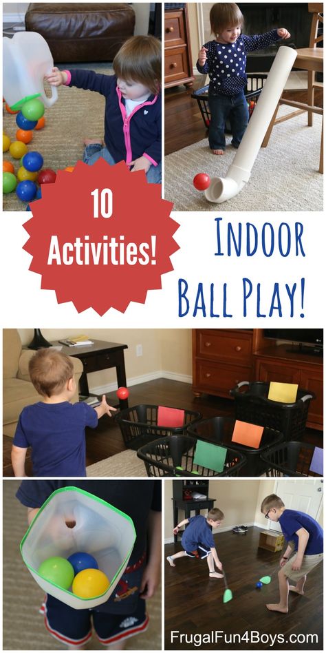 10 Ball Games for Kids - Ideas for Active Play Indoors!  Great activities with ball pit balls, and I love how the games use materials from around the house. Ball Games For Kids, Ball Play, Ball Pit Balls, Indoor Games For Kids, Ball Games, Gross Motor Activities, Active Play, Indoor Activities For Kids, Games For Toddlers