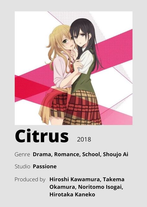 Citrus Animation, Gl Anime Recommendation, Romance Anime List, Poster Information, Anime Minimalist Poster, Yuri Comics, Japanese Animated Movies, Anime Elf, Anime Suggestions