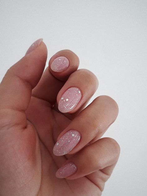 Nails Shimmer Sparkle, Ombre Glitter Tip Nails, Simple Glitter Almond Nails, Pink Nail Sparkle, Pink And Silver Nails Almond, Bubble Bath With Glitter Nails, Pink With Glitter Tips Nails, Sparkle Almond Nails Glitter, Pink Shimmer Almond Nails