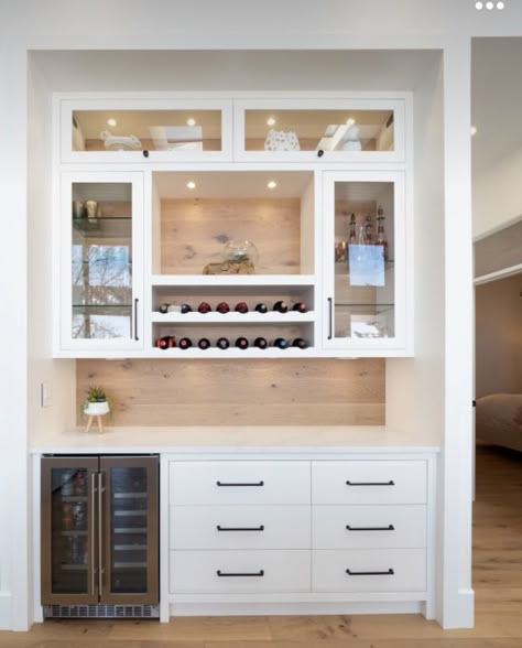 Wet Bar Organization, Modern Farmhouse Wine Bar, Wet Bar In Pantry, Bar Built Into Kitchen, Cabinets.com Kitchens, Storage Rack For Pantry, Living Room Beverage Center, Glass Door Coffee Station, Custom Wet Bar