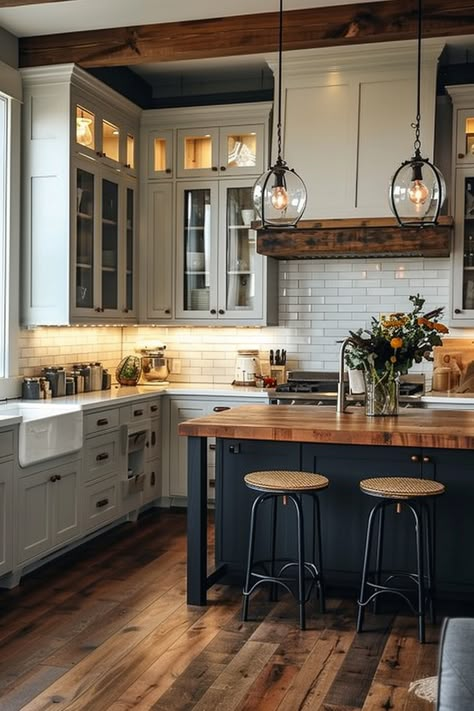 Modern Farmhouse Aesthetic Interior, Simplistic Kitchen Design, Kitchen Remodel No Window, Rural Interior Design, Dark Academia Modern House, Kitchens With Wood Ceilings, Blue And Terracotta Kitchen, Cozy Open Concept Kitchen Living Room, Kitchens With Color