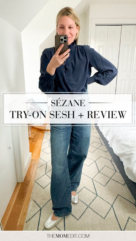 I tried Sezane for the first time & found playful, effortless pieces that nail the French-girl vibe. | #TheMomEditStyle #FashionBlog #Sezane #FrenchGirlStyle #TryOn #SezaneHaul #SezaneReview Sezane Chloe Shirt, Sezane Style, Sezane Outfit, Girl Vibe, French Girl Style, Cami Nyc, Heart Sweatshirt, Linen Tank, Silk Cami