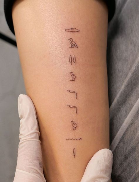 Egyptian Hieroglyphs Tattoo Egyptian Tattoo For Women, Egyptian Symbol Tattoo, Hieroglyphics Tattoo, Art Inspiration Creative, Egyptian Tattoos, Soft Tattoo, Creative Tattoo Ideas, Nape Tattoo, Rib Tattoos For Women