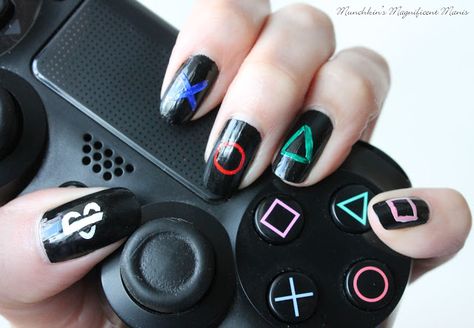 PlayStation nail design , with PS4 game controller. Marvel Nails, Band Nails, Mens Nails, Anime Nails, Funky Nails, Pretty Acrylic Nails, Perfect Nails, Acrylic Nail Designs, Swag Nails