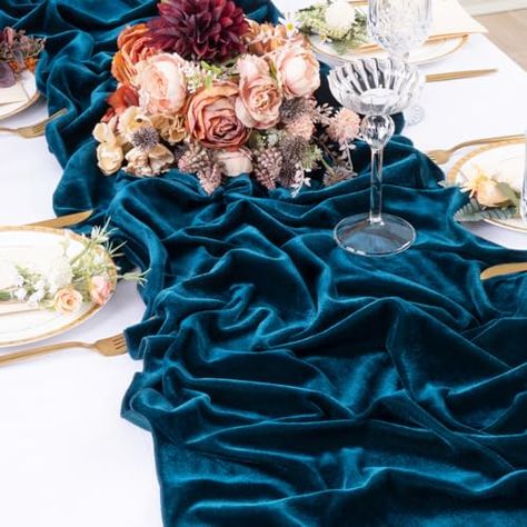 Blue Velvet Table Runner, Peacock Wedding Decorations, Birthday Table Decor, Velvet Runner, Velvet Table Runner, Blue Table Settings, Velvet Table, Plaid Napkins, Peacock Christmas