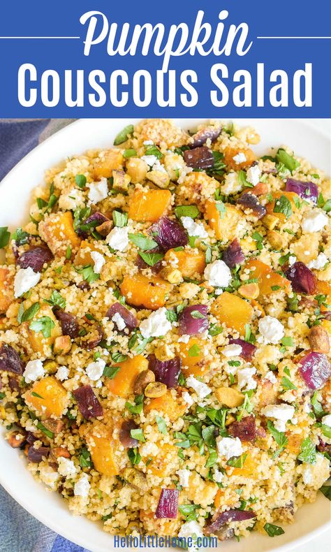 Looking for Savory Pumpkin Recipes? You’ll love this Pumpkin Couscous! Learn how to make the BEST Pumpkin Couscous Salad using simple, healthy ingredients: fresh pumpkin, onions, couscous, warm spices, fresh parsley and mint, feta, pistachios, and lemon dressing. This Roasted Pumpkin and Couscous Salad is so easy to make and features delicious Moroccan inspired flavors. Can be eaten warm or cold ... great make ahead Vegetarian Couscous Recipe or Vegan if you skip the feta! | Hello Little Home Pumpkin Couscous Salad, Pumpkin Couscous, Veggie Recipes Breakfast, Vegetarian Couscous, Feta Couscous, Pumpkin And Feta Salad, Salad Easy Recipe, Pumpkin Feta, Pumpkin Sausage