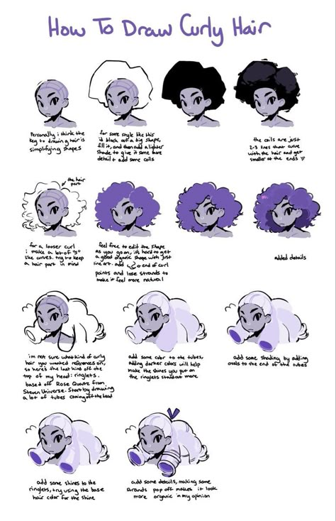 Drawing Different Races, Black Hair Styles Drawing Reference, Curly Hair Short Drawing, Curly Hair In A Ponytail Drawing, Black Hairstyles To Draw, How To Draw Black Curly Hair, How To Draw Poc Hairstyles, Big Curly Hair Drawing, Unique Hair Styles Drawing