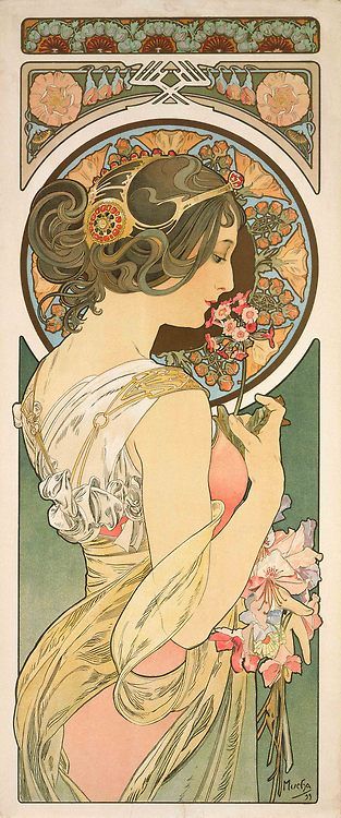 art poster "Primrose" by Alphonse Mucha (1899) Art Nouveau Painting, Alfons Maria Mucha, Art Nouveau Mucha, Illustration Art Nouveau, Alphonse Mucha Art, Victorian Beauty, Design Art Nouveau, Mucha Art, Alfons Mucha