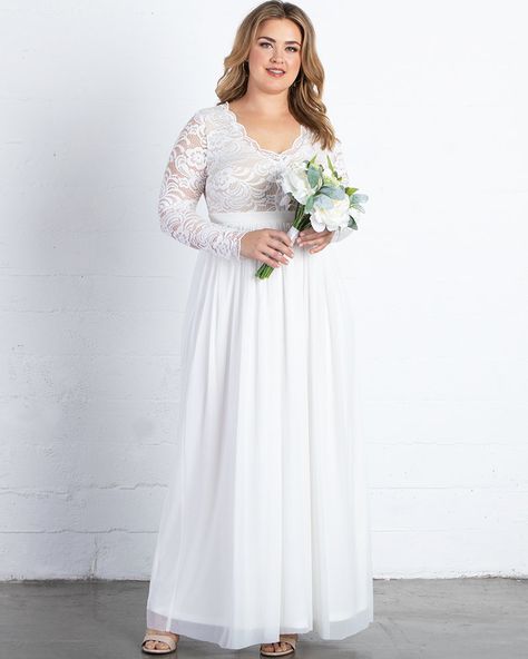 Check out the deal on Everlasting Love Wedding Gown at Kiyonna Clothing Lace Top Wedding, Lace Top Wedding Dress, Floral Lace Wedding Dress, Plus Wedding Dresses, Lace Wedding Gown, Plus Size Wedding Gowns, Wedding Gowns With Sleeves, Scalloped Neckline, Plus Size Cocktail Dresses