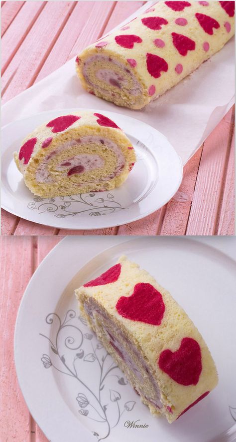 Imagen de dessert, hearts, and food Valentines Cakes And Cupcakes, Valentines Cakes, A Slice Of Cake, Swiss Roll Cake, Swiss Rolls, Fast Food Places, Patterned Cake, Fast Food Restaurants, At Restaurant