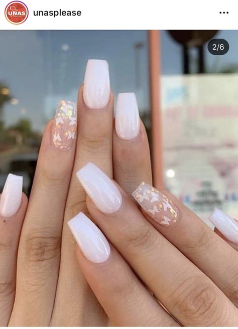 White Butterflies 🦋 Image Nails, Milky Nails, Supper Ideas, White Acrylic Nails, Cute Acrylic Nail Designs, Simple Acrylic Nails, Nail Swag, Acrylic Nails Coffin Short, Summer Acrylic Nails