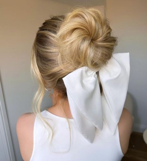 Wedding Ponytail With Bow, Wedding Hair Updo With Bow, Bun And Bow Hairstyles, Up Do With Bow, Low Pony With Bow, Low Bun Ribbon, Low Bun Wedding Hair With Bow, Low Bun With Bow, Updo With Bow