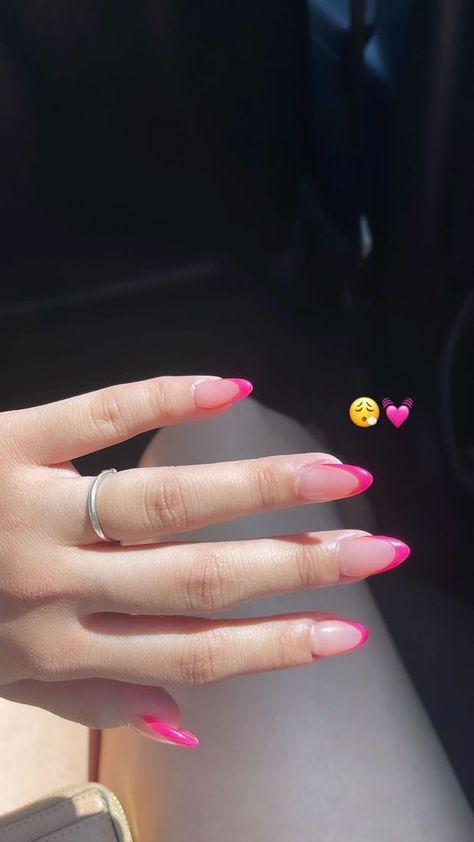 Birthday Nail Ideas Almond Shape, Nail Inspo For Almond Nails, Pink Nails With Dark Pink Tips, Dark Pink French Tip Nails Almond, Pink Deep French Tip Nails, Pink Glittery Nails Almond, Almond Nails With Tips, Baby Pink Nail Inspo Acrylic, Almond Nails Hot Pink French Tip