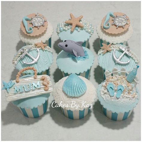 Close up of some of the beach themed cupcakes Mermaid Baking, Beach Themed Cupcakes, Dolphin Cupcakes, Beach Theme Cupcakes, Beach Birthday Cake, Dolphin Cakes, Beach Cupcakes, Pool Cake, Nautical Cake