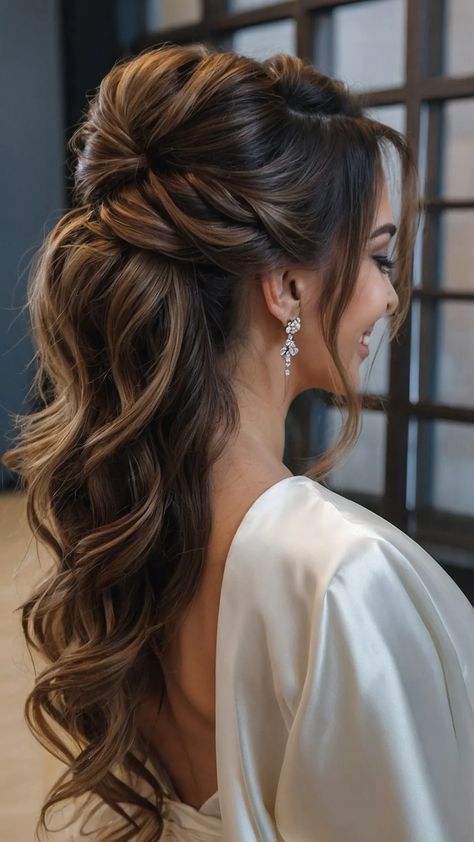 Discover 15 Stunning Half Up Half Down Wedding Hairstyles This Season - Fads Hair With Veil Down, Wedding Hair Styles Medium Hair, Hairstyles For V Neck Dress Neckline, Hairstyles For Bridesmaids Indian, Wedding Hairstyles For Long Hair Guest, Engaged Hairstyles, Brides Hairstyles With Veil, Bridal Hair Indian, Bridal Hair Braids