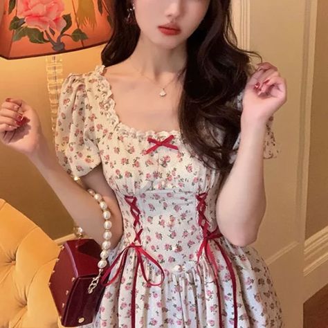 Cute Florals Dress Women Vintage Cottagecore Y2k Puff Sleeve Square Collar Lace-up High Waist Corset Dress Female Mini Short Dresses, Kawaii Fairy, Cottagecore Y2k, Floral Lace, Puff Sleeve, Lace Dress, Square, Lace, Floral