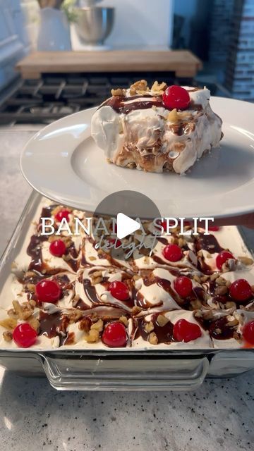 britscookin’ on Instagram: "Banana Split Delight! 🍒 #iceboxcake #easyrecipe #dessert" Banana Split Delight Dessert, Banana Cookie Pudding Dessert, Banana Split Delight, Banana Split Cheesecake Recipes, Farmhouse Desserts, Banana Delight Recipe, No Bake Banana Split Cake, No Bake Banana Split Dessert, Banana Delight