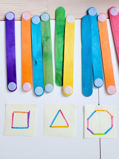 Popsicle stick shapes - Learning from Playing Popsicle Stick Shapes, Play Therapy Activities, Fun Activities For Preschoolers, Bilateral Coordination, Early Childhood Activities, Preschool Stem, Playbased Learning, Baby Play Activities, Learning Shapes