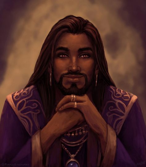 Title: High Wizard of the Sultan's Court. Name: Qahmet Al-Faheem. Nationality: Mahdqadani (Sahashani). Birth-nation: Mahdqadan (Kuaara province). Age: 38. Role: Magical advisor and Court Wizard. Personality: Affable, Open, Well-read, and Caring. The Gilmore, Black Characters, Afro Art, Arte Fantasy, Fantasy Inspiration, Medieval Fantasy, Dnd Characters, Character Portraits, Marvel Cinematic Universe