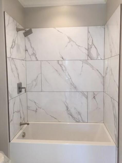 Big Tile Bathtub, Tub Surround Remodel, Large Format Tile Bathtub Surround, 12x24 Tub Surround Tile, Bathtub Tile Surround Ideas Bathroom, Small Bathroom Marble Tile, Large Tile Bathtub Surround, Bathtub Wall Ideas, Large Tile Tub Surround