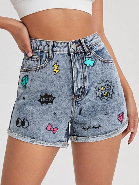 Pinturas Em Shorts Jeans, Painted Shorts Ideas, Shorts Pintados, Custom Denim Shorts, Costume Jeans, Painted Denim Shorts, Customized Jeans, Diy Denim Shorts, Shorts Painting