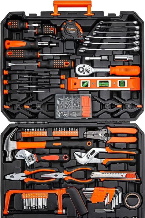 CARTMAN Tool Set Kit General Household Hand with Plastic in Storage Case Orange. Perfect for apartments and homes. Toolbox Storage, Mens Outdoor Fashion, Bosch Tools, Hand Tool Kit, Engineering Tools, Hand Tool Set, Socket Wrench, Mechanic Tools, Construction Tools