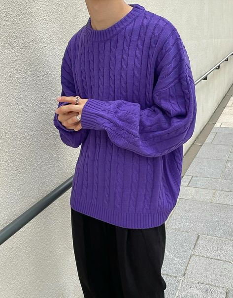 Purple Sweater Outfit Men, Purple Sweater Outfit, Ceramic Witch, Korean Style Boy, Sweater Outfits Men, Crochet Men, Simple Casual Outfits, Black Jeans Men, Sweater Outfit