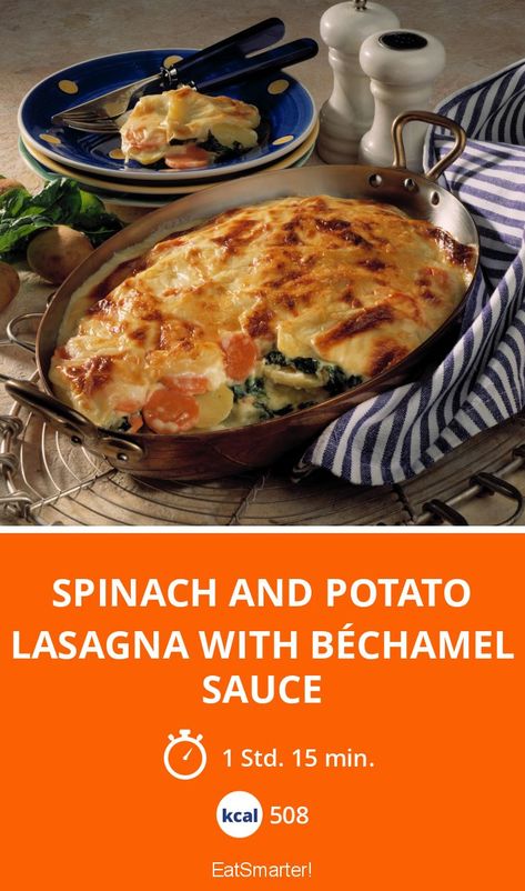 Spinach and Potato Lasagna with Béchamel Sauce - 508 kcal - anspruchsvoll - A recipe idea by EAT SMARTER | non-alcoholic, egg-free, meat-free, Boneless, Rustic, Family, Cooking on vacation, Meal for Four, Country Style, College Cooking, weekend cooking, Vegetable, Spices, Potato, Cheese, Dairy, Spinach Lasagne, Lunch, Dinner, Main Course #lasagne #recipes Lasagna Bechamel Sauce, Bechamel Sauce Recipe Lasagne, Lasagna Bechamel, Spinach And Potato Recipes, Classic Lasagna With Bechamel, Vegetable Lasagne With Bechamel Sauce, Lasagna With Bechamel Sauce, Potato Lasagna, Bechamel Sauce Recipe