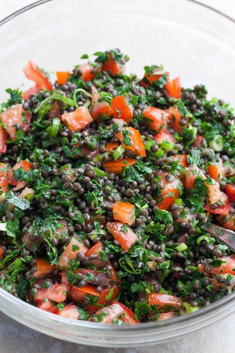 Lentil Tabbouleh Lentil Tabbouleh, Tabbouleh Salad Recipe, Tomato Pasta Salad, French Green Lentils, Olive Oil Dressing, Black Lentils, Tabbouleh Salad, Lemon Olive Oil, Persian Cucumber