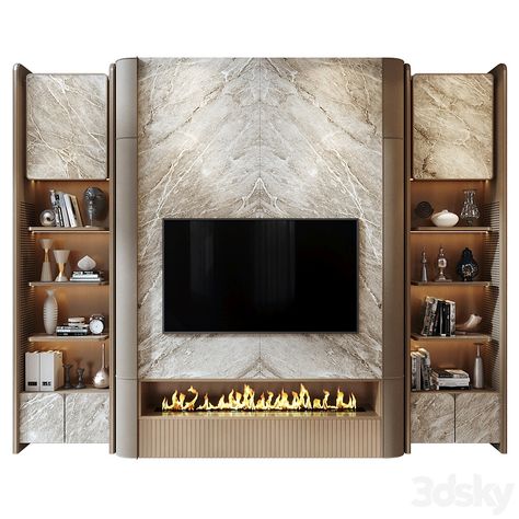 TV Shelf YTR-140 - TV Wall - 3D model Marble Tv Panel, Tv Uint, Elevation Rendering, Credenza Tv, Wall Tv Stand, Lcd Wall, Tv Feature Wall, Tv Credenza, Modern Heritage