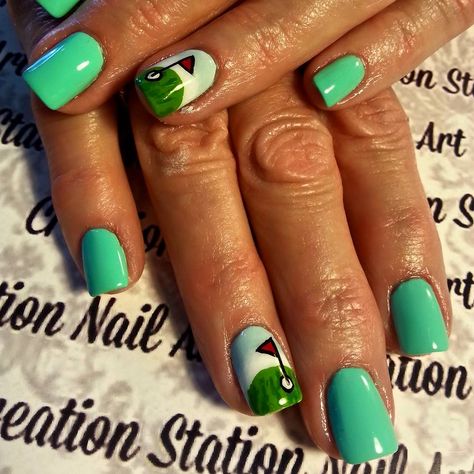 cute golfing nail design Nails Golf Design, Nail Art Golf, Golf Design Nails, Golf Inspired Nails, Golf Ball Nail Art, Golf French Tips Nails, Golf Themed Nail Designs, Painted Rocks Golf Theme, Goofy Golf