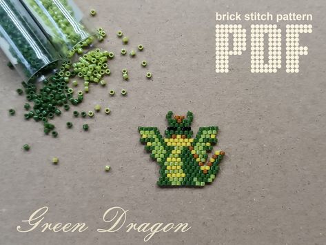 This is brick stitch beading pattern "Green Dragon" in PDF format.  It is recommended to use beads Miyuki Delica 11/0. Finished product created according to these pattern can be used as a brooch, charm, keychain, magnet or other accessory. Please note that instructions on how to stitch are not included.  You will need experience with brick stitch beading. This listing includes a PDF file with beading schematic pattern. Beading pattern includes:  - detailed Bead Legend with color, 11/0 Miyuki DB Brick Stitch Beading, Miyuki Beads Pattern, Beads Pattern, Seed Bead Pattern, Seed Beading, Beaded Jewlery, Brick Stitch Pattern, Seed Bead Patterns, Christmas Bead