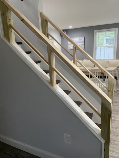 2x4 Stair Railing Ideas, Floating Stair Railing Ideas, Farmhouse Handrails For Stairs, Stairs With No Railing, Basement Stairs Railing Ideas, Basement Railing Ideas, Garage Stair Railing, Basement Railings For Stairs, Handrail Makeover