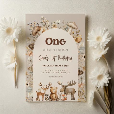 Woodland Birthday Invitation Template | Editable Forest Animals 1st Birthday Party Printable Invite S718 Woodland Invitation, Woodland Invitation Birthday, 1st Birthday Invitation Template, Forest Birthday, Diy Invitation, Woodland Birthday, Invitations Diy, Forest Creatures, Birthday Invitation Template