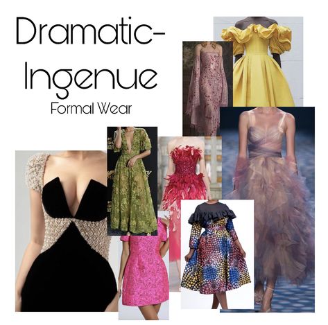 A collage of Dramatic-Ingenue essence inspiration for formal wear. Romantic Dramatic Ingenue Essence, Dramatic Ingenue Style, Dramatic Essence Outfits, Dramatic Ingenue Essence, Ingenue Essence Outfits, Ingenue Dramatic, Ingenue Archetype, Essence Types, Ingenue Essence