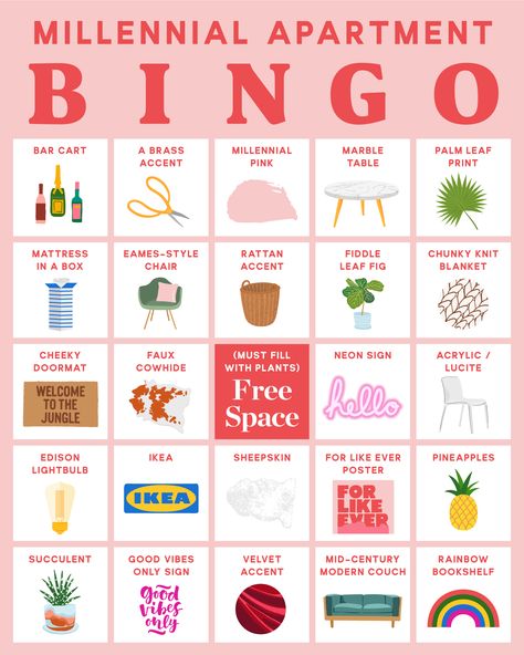 Millennial Interior Design, Millennial Apartment, Ikea Sheepskin, Millennial Design, Free Bingo Cards, Leaf Blanket, Who Would Win, Bingo Template, Interior Design Games