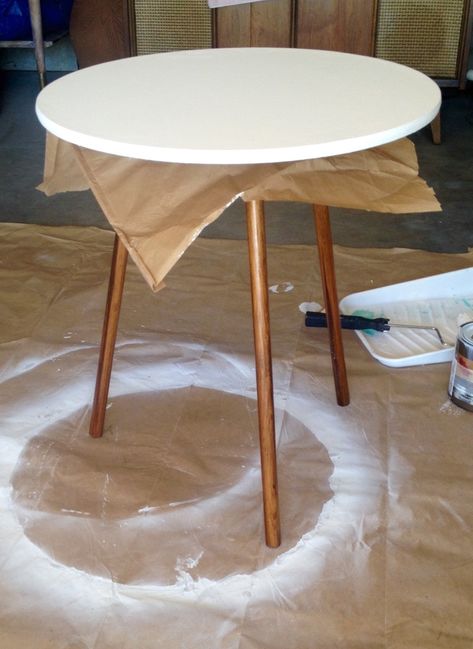 From Dumpster to Diva, a table transformation! – Atomic Magpie Particle Board Table Makeover, Minwax Gel Stain, Board Table, Mid Century Table, Tripod Table, Table Makeover, Simple Table, Wood Table Top, Gel Stain