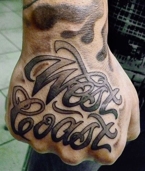 West Coast tattoo by Clarens Monroy. #tattoo Coast Tattoo Ideas, West Coast Tattoo, Coast Tattoo, California Tattoo, Tattoo On Hand, Tattoo Prices, Cali Style, West Coast Fashion, Hand Images