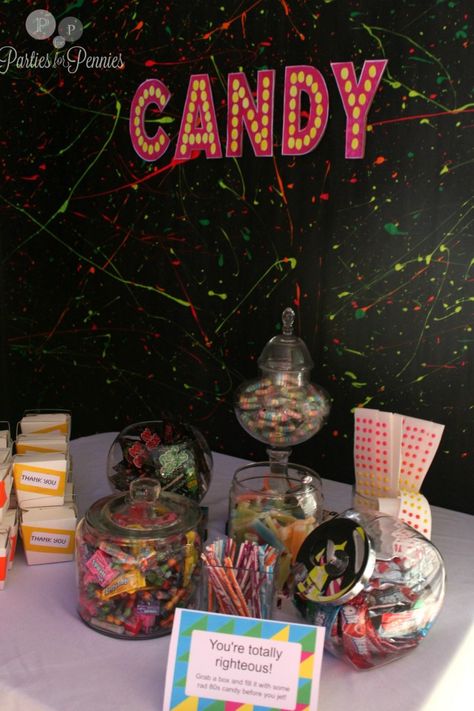 80s Party - candy table 2 80s Candy, 80's Prom, 80s Birthday, 80s Party Decorations, 80's Theme, 40th Bday Ideas, 80s Birthday Parties, 1980s Party, Neon Paint