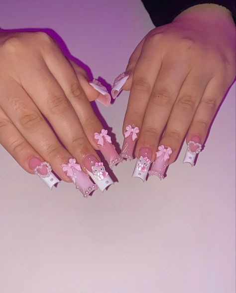 Clear Hello Kitty Nails, Pastel Hello Kitty Nails, Hello Kitty Acrilyc Nails, Hello Kitty Nails Medium Length, Medium Hello Kitty Nails, Hello Kitty Themed Nails, My Melody Nails Short, Hello Kitty Birthday Nails, Green Hello Kitty Nails