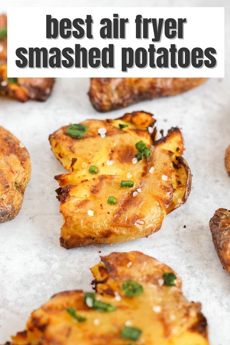 Crispy, flavorful air-fryer smashed potatoes! These make a delicious side dish or a fun and tasty appetizer. They are a quick and healthy alternative to French fries that are sure to be a crowd pleaser. Air Fryer Smashed Potatoes, Blondie Recipes, Potatoes Crispy, Smashed Potatoes Recipe, Crushed Potatoes, Crispy Smashed Potatoes, Potato Crisps, Smashed Potatoes, Healthy Side