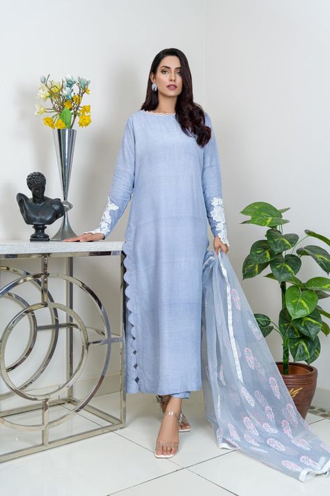 Stand out in a sea of dresses with Shireen Lakdawala's Designer Blue Dresses. Made with high-quality fabric and featuring stunning details, these designer dresses are perfect for girls of all ages. Shop now for the ultimate elegance! Silk Long Shirt Designs Pakistani, Plain Fabric Suit Designs, Long Kurti Pant Design, Pakistani Pant Kurti Design, Design Of Plain Suits, Plain Dress With Lace Design Pakistani, Long Shirts Design Pakistani, Pakistani Block Print Suits, Cutwork Dresses Pakistani