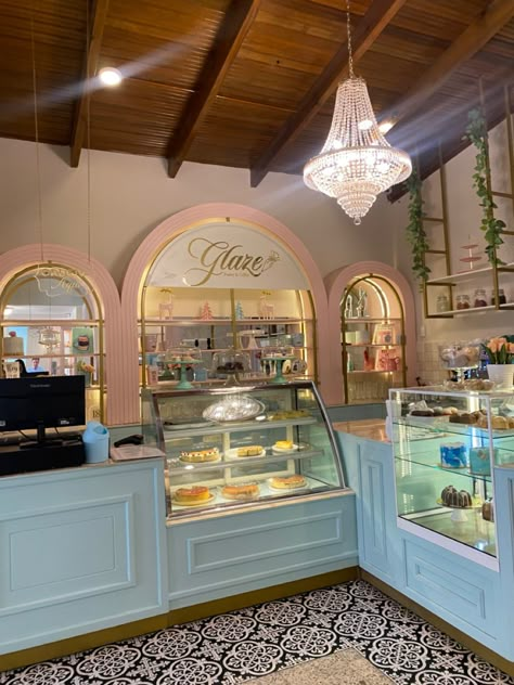 Bakery Ceiling Design, Victorian Bakery Aesthetic, Bloxburg Bakery Ideas, Cafe And Boutique, Cat Coffee Shop, Pastry Shop Interior, Colorful Bakery, Blue Bakery, Cake Shop Design