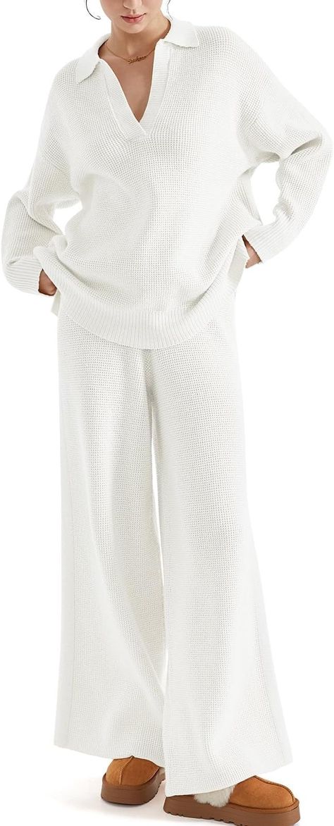 Amazon.com: SUUKSESS Women 2 piece Fall outfits Long Sleeve Oversized Matching Lounge Set Waffle Knit Polo Sweater sets (White,XS) : Sports & Outdoors High Waisted Straight Leg Pants, Knit Polo Sweater, Getting Ready Outfits, Matching Lounge Set, Knit Lounge Set, Ready Outfits, Sweater Sets, Outfits Long Sleeve, Outfit Oversize