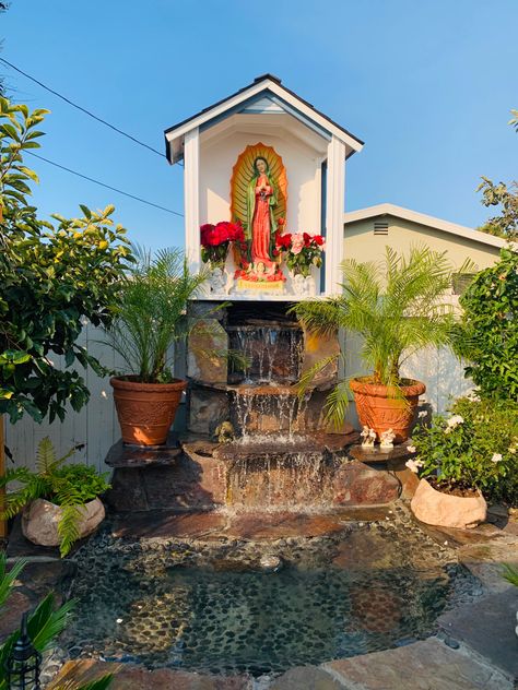 Virgin Mary Altar Outside, Backyard Shrine Virgin Mary, Garden Grotto Virgin Mary, Mexican Styled Houses, Virgin Mary Outdoor Altar, Virgin Mary Home Altar, Bedroom Altars, Outdoor Virgin Mary Garden, Old Mexican House Aesthetic