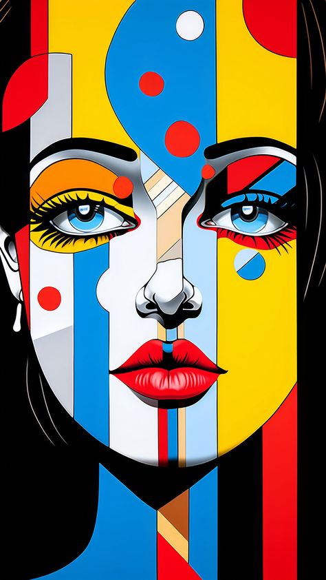 A close up facial portrait in pop art design, with bright colors and patterns. Facial art painting, hard lines, flat style. Size: 2160 x 3840 pixels. #art #popart #painting #facialart #flatstyle #painting #brightcolors #pattern #womanportrait #popularart #vintageart #retrodesign #digitalart #abstract Pop Art Illustration Modern, Abstract Pop Art Painting, Pop Art Drawings Ideas, Abstract Self Portrait Ideas, Hard Painting Ideas, Modern Pop Art Painting, Facial Portrait, Pop Art Quotes, Images Pop Art